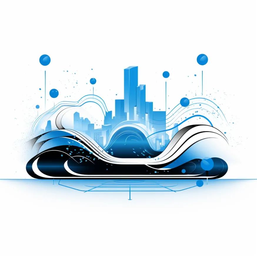 Blue waves on a geometric grid. Skyscrapers in the distance with blue bubbles and speedlines raising up from it.