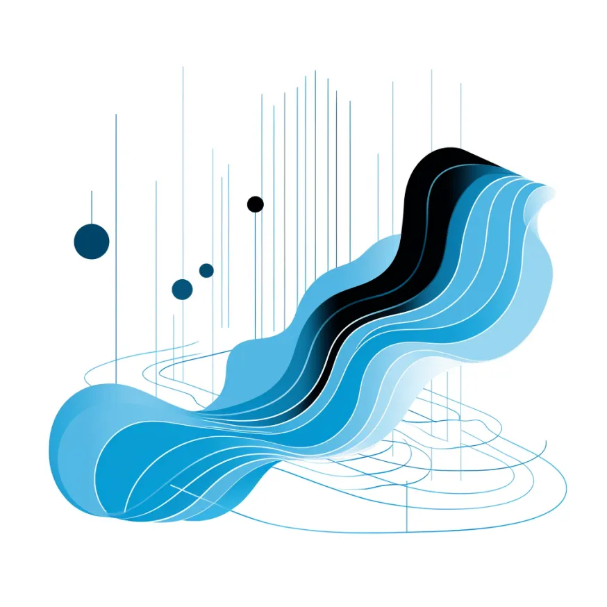 A cascade of blue streams falling down into a geometric grid. Blue bubbles and speedlines raising from it.